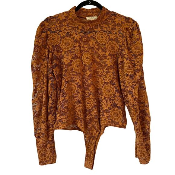 Jolie & Joy X Large Rust Bodysuit Mock Neck Floral Lace Sheer Whimsigoth Boho - Picture 1 of 9